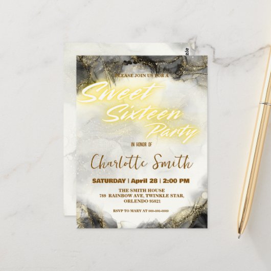 エレガントなネオンゴールドピンク大理石 スイート16歳の誕生日 ポストカード (正面/裏面インサイチュ)