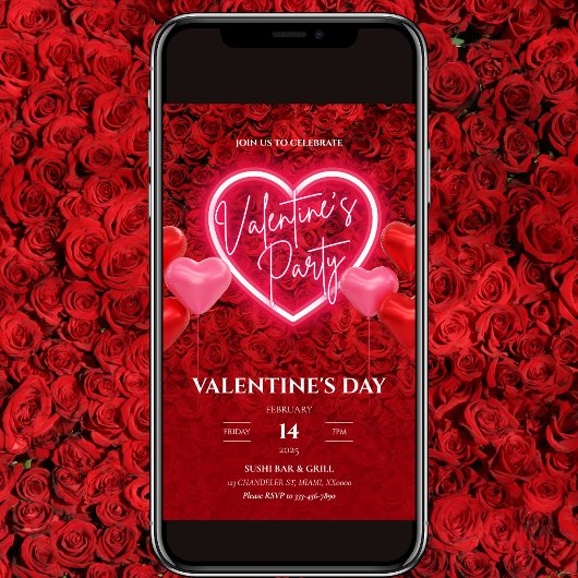 エレガントなネオンハート バレンタイン パーティー招待状 招待状