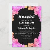 エレガントなネオンライト ローズ フラワーの女の子 ベビーシャワー 招待状 (正面)