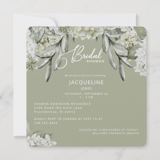 エレガントなハイドレンジアの賢い ブライダルシャワー 招待状 (正面)