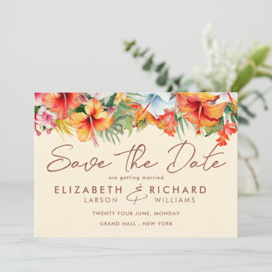エレガントなハイビスカスの花　トロピカル フローラル ウェディング セーブザデート (スタンド正面)