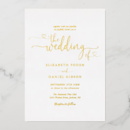 エレガントなハートのスクリプトカリグラフィー結婚式 ゴールド 箔招待状