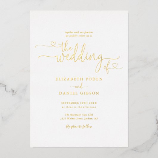 エレガントなハートのスクリプトカリグラフィー結婚式 ゴールド 箔招待状 (正面)
