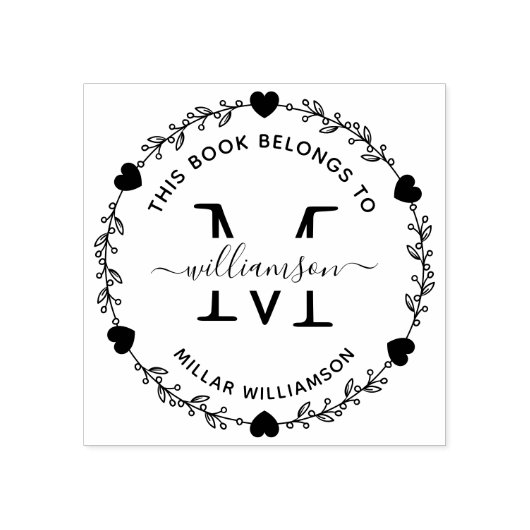 エレガントなハートのモノグラムリースブックプレート ラバースタンプ (インプリント)