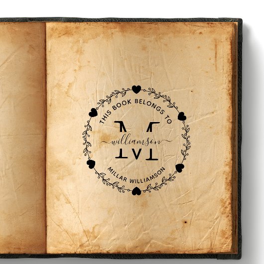 エレガントなハートのモノグラムリースブックプレート ラバースタンプ