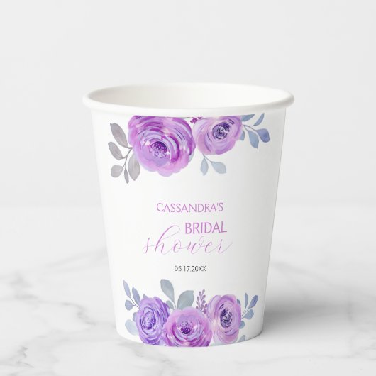 エレガントなバイオレットローズグリーンの花のウェディングシャワーデザイン 紙コップ (裏面)