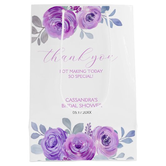 エレガントなバイオレットローズグリーンウェディングシャワー ミディアムペーパーバッグ (裏面)