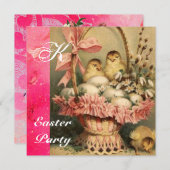 エレガントなバスケット, ニワトリ, 花, イースターエッグ 招待状 (正面/裏面)