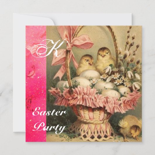 エレガントなバスケット, ニワトリ, 花, イースターエッグ 招待状 (正面)
