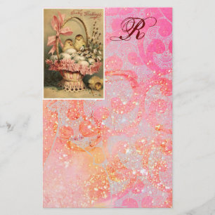 エレガントなバスケット、鶏、花およびイースターエッグ 便箋