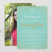 エレガントなバット・ミッツヴァー ミニ ルースト ゴールド コンフェッティ ミント 招待状 (正面/裏面)