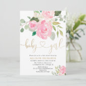 エレガントなバラの花の女の子のベビーシャワー（ピンクとゴールド） 招待状 (スタンド正面)