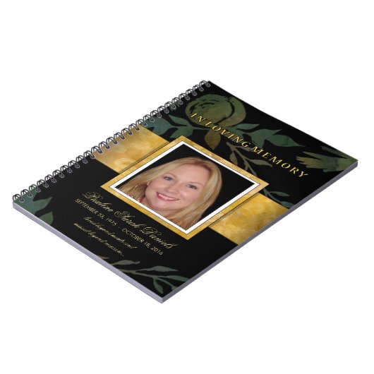 エレガントなバラの黒の金ゴールドの記念の葬儀のゲストブック ノートブック (左側)