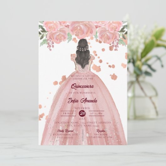 エレガントなバラピンクのキンセアニエラ・プリンセスパーティー 招待状 (スタンド正面)