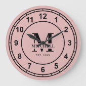 エレガントなバラピンクのモノグラムカスタムファミリー名 ラージ壁時計 (正面)