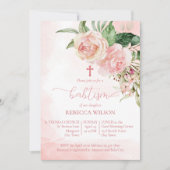 エレガントなバラピンクのローズの女の子の洗礼 招待状 (正面)