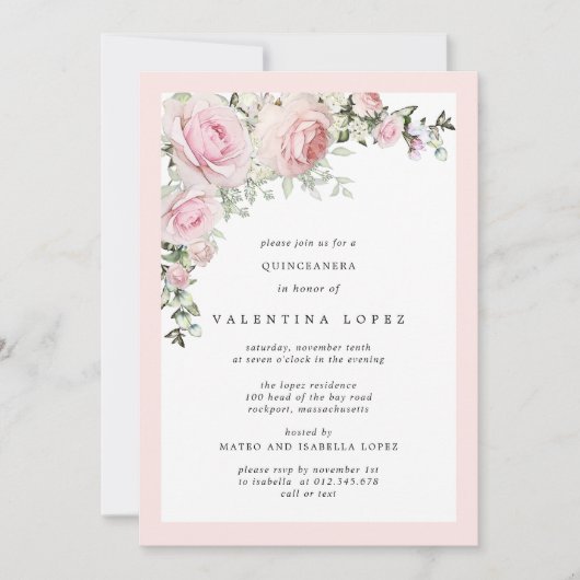 エレガントなバラピンクの花のキンチャネラ 招待状 (正面)