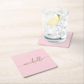 エレガントなバラピンクゴールドモノグラムスクリプトシグネチャー スクエアペーパーコースター (インサイチュ)