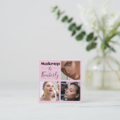 エレガントなバラピンクブラックスクリプト3枚写真 スクエア名刺 (スタンド正面)