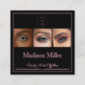 エレガントなバラピンク ブラック スクリプト 3 フォト メイクアップ スク スクエア名刺 (正面)