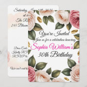 エレガントなバラ色とアイボリーのローズの誕生日招待状 招待状 (正面/裏面)