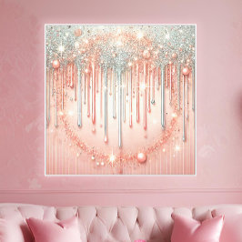 エレガントなバラ色とシルバーのグリッターが滴る  キャンバスプリント