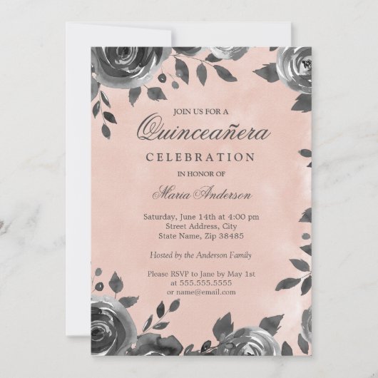 エレガントなバラ色と灰色の水彩画 キンセアニエラ招待状 招待状 (正面)