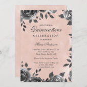 エレガントなバラ色と灰色の水彩画 キンセアニエラ招待状 招待状 (正面/裏面)