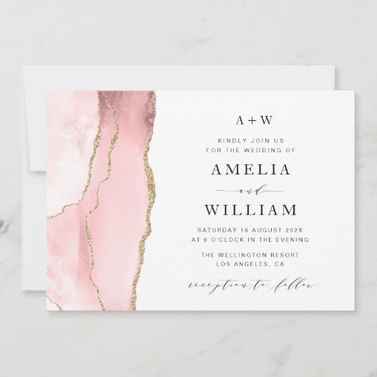 エレガントなバラ色と金の結婚式招待状 招待状 (正面)