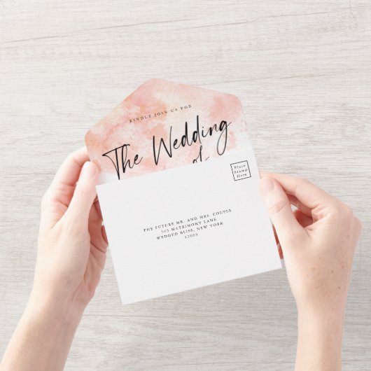エレガントなバラ色のウェディングオールインワン招待状 オールインワン招待状 (開いている状態)