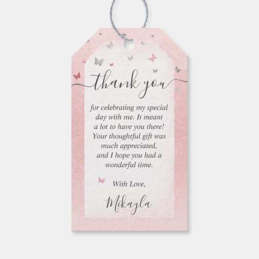 エレガントなバラ色のシルバークラウン 感謝の気持ちを込めて ギフトタグ (裏面)