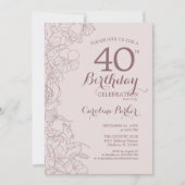 エレガントなバラ色のフォト 40歳の誕生日パーティー 招待状 (正面)