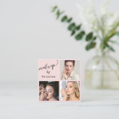 エレガントなバラ色のブラックスクリプト3枚写真メイクアップ スクエア名刺 (スタンド正面)