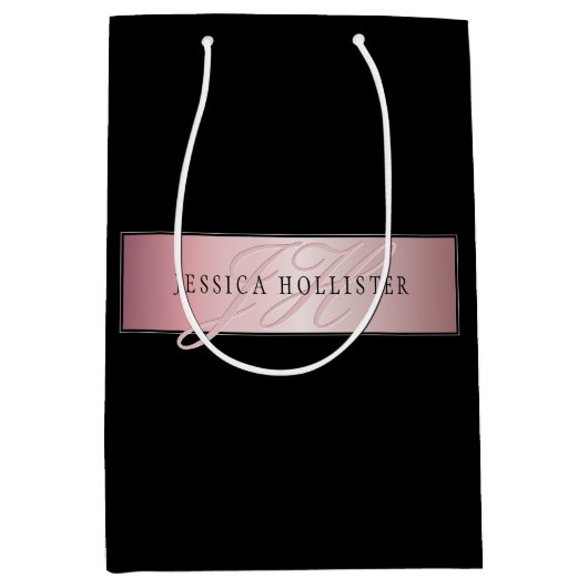 エレガントなバラ色の偽のローズゴールド | 名前とイニシャル ミディアムペーパーバッグ (正面)
