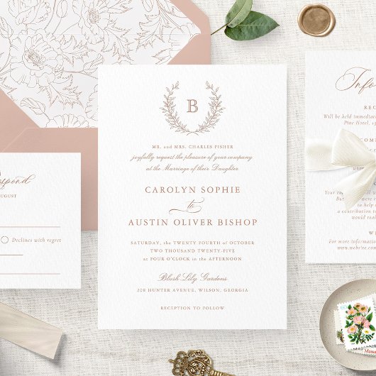 エレガントなバラ色の月桂樹の花輪の結婚式のイニシャル 招待状