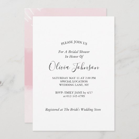 エレガントなバラ色の水彩画 ブライダルシャワー 招待状 (正面/裏面)