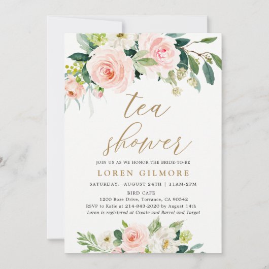エレガントなバラ色の水彩花のティーシャワー 招待状 (正面)