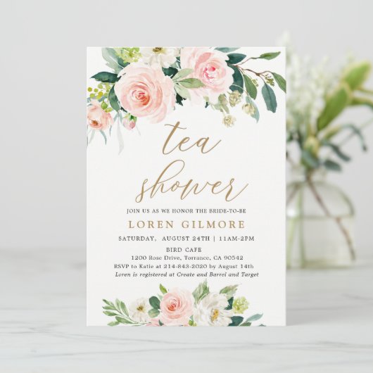 エレガントなバラ色の水彩花のティーシャワー 招待状 (スタンド正面)
