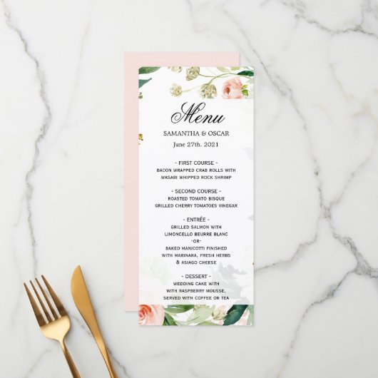 エレガントなバラ色の水彩花フレーム メニュー (正面/裏面インサイチュ)