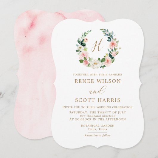 エレガントなバラ色の水彩花モノグラム結婚式 招待状 (正面/裏面)
