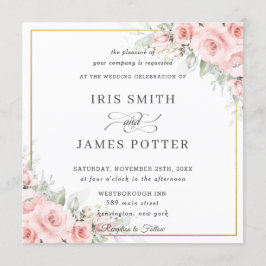 エレガントなバラ色の淡いピンクの花モチーフのゴールド結婚式招待状 招待状