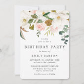 エレガントなバラ色の白い花の年間誕生日パーティー 招待状 (正面)