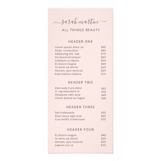 エレガントなバラ色の美容室料金表 ラックカード (正面)