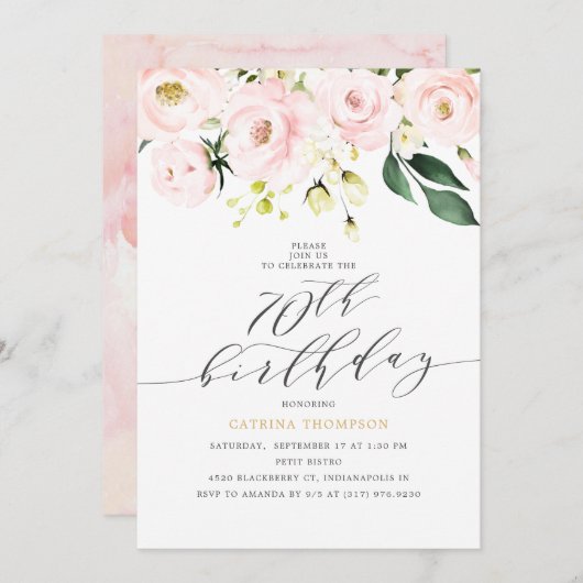 エレガントなバラ色の花とユーカリの70歳の誕生日 招待状 (正面/裏面)