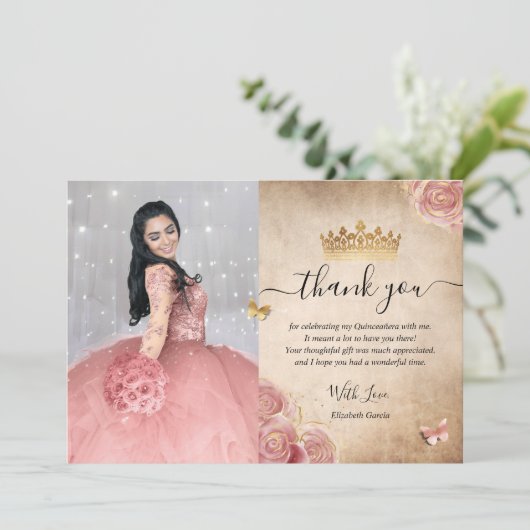 エレガントなバラ色の花と金のキンセアネラの写真 サンキューカード (スタンド正面)