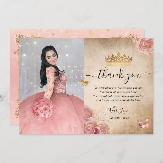エレガントなバラ色の花と金のキンセアネラの写真 サンキューカード (正面/裏面)