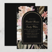 エレガントなバラ色の花のブラック ブライダルシャワー 招待状 (正面/裏面)