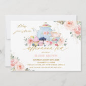 エレガントなバラ色の花の午後の紅茶パーティー 招待状 (正面)