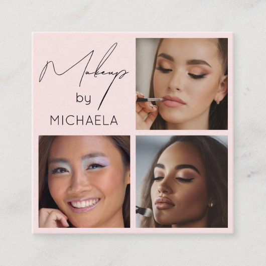 エレガントなバラ色の黒いスクリプト3枚の写真のメイクアップ スクエア名刺 (正面)