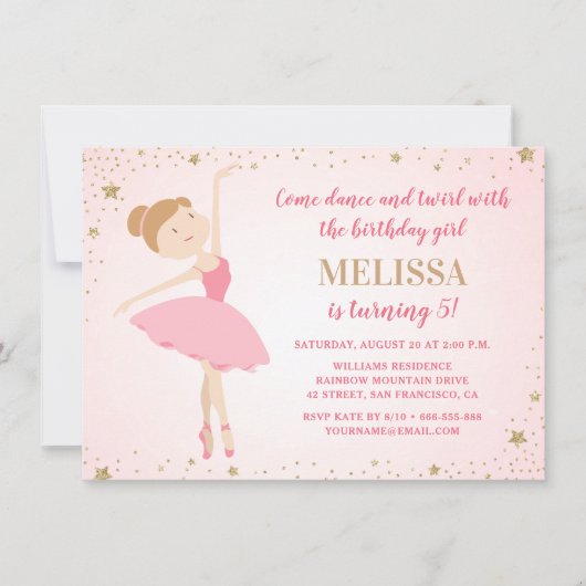 エレガントなバレリーナ ピンク ゴールド スター | 女の子の誕生日 招待状 (正面)